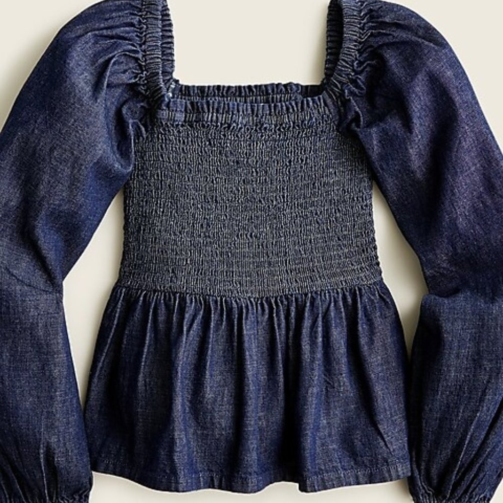 J.Crew Puff-sleeve chambray smocked top. NWT